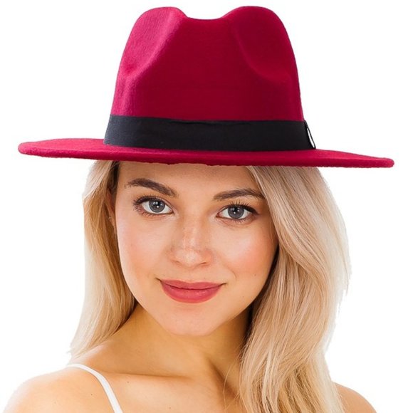 Accessories - Burgundy Straight Wide Brim Felt Fedora Panama Hat